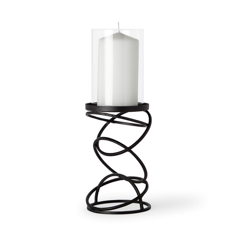 14" Black Geometric Glass And Metal Tabletop Pillar Candle Holder. Candle holder isolated on a plain white background, showing a black glass surface.