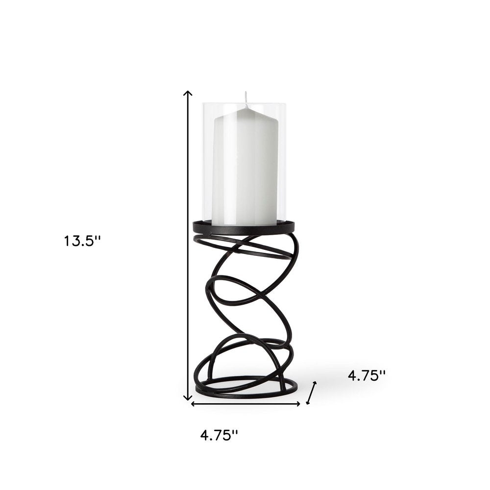 14" Black Geometric Glass And Metal Tabletop Pillar Candle Holder. Candle holder isolated on a plain white background, in a black glass finish.