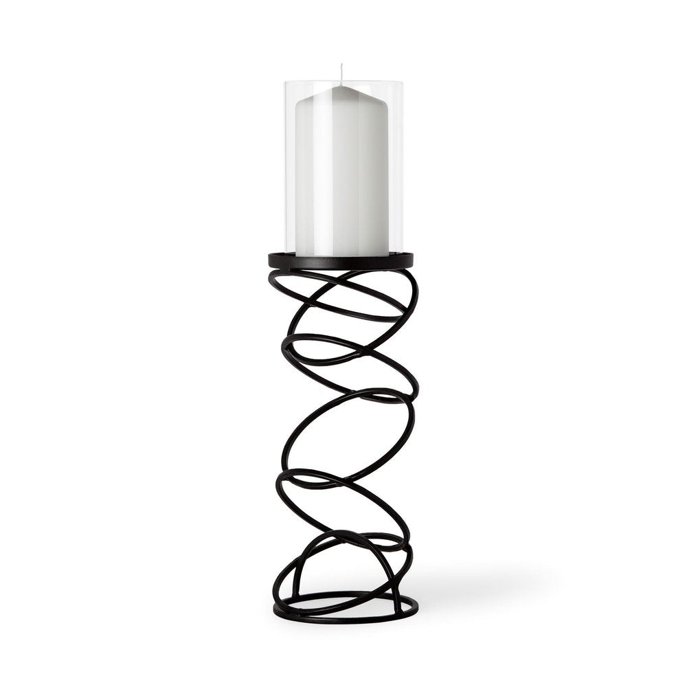 17" Black Geometric Glass And Metal Tabletop Pillar Candle Holder. Candle holder isolated on a plain white background, in a black glass finish.