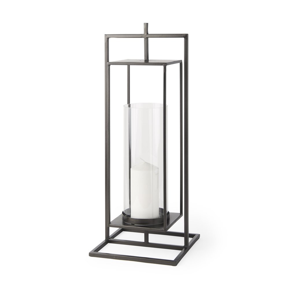 24" Black Geometric Metal Tabletop Lantern Candle Holder. Candle holder isolated on a plain white background, finished in black metal.