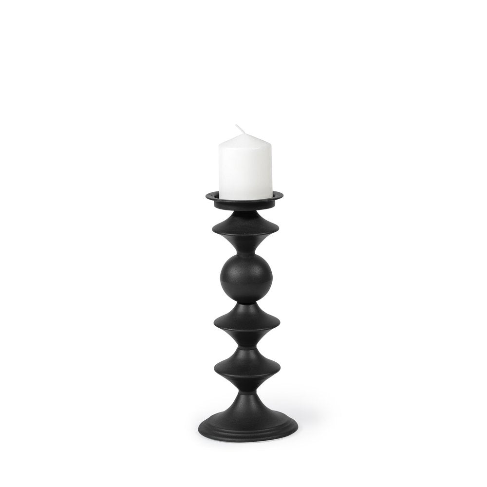 13" Black Metal Tabletop Pillar Candle Holder. Candle holder isolated on a plain white background, in a black metal finish.
