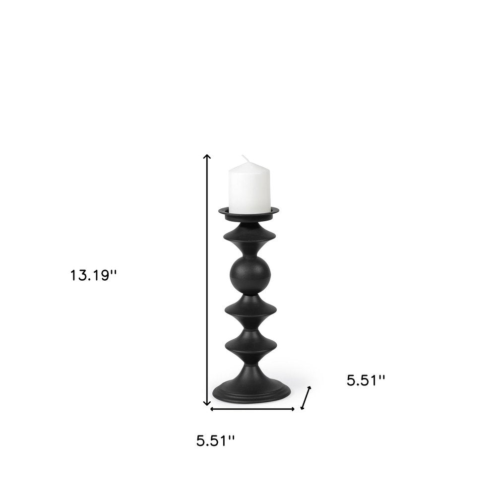 13" Black Metal Tabletop Pillar Candle Holder. Candle holder isolated on a plain white background, finished in black metal.