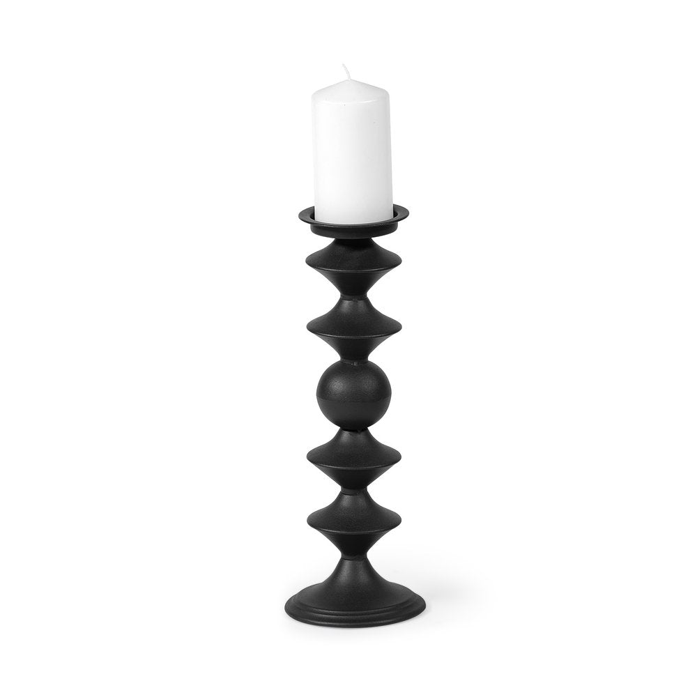 16" Black Metal Tabletop Pillar Candle Holder. Candle holder isolated on a plain white background, showing a black metal surface.
