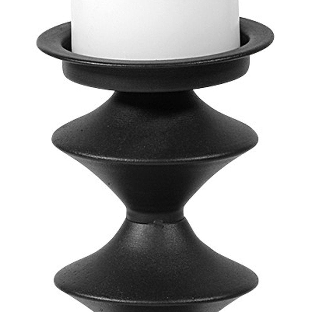 16" Black Metal Tabletop Pillar Candle Holder. Candle holder isolated on a plain white background, finished in black metal.