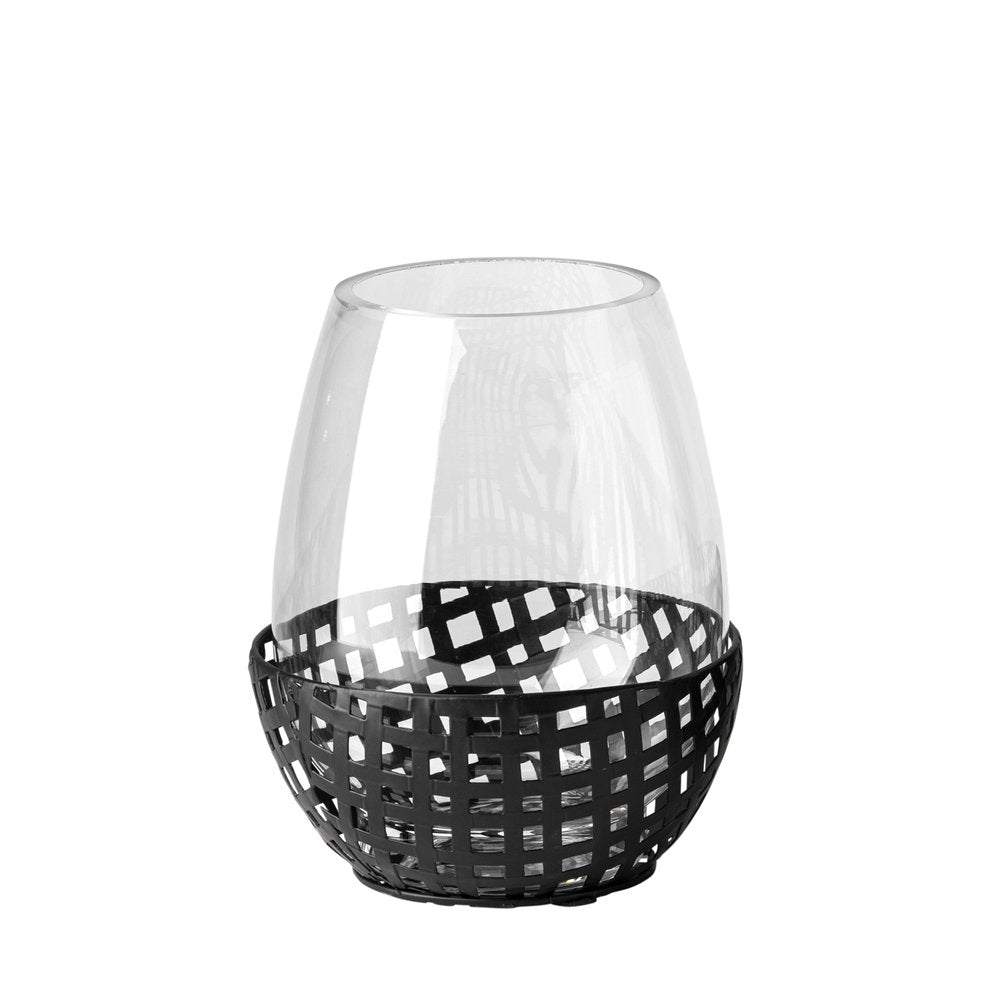 8" Black Woven Metal And Glass Tabletop Hurricane Candle Holder on a white background