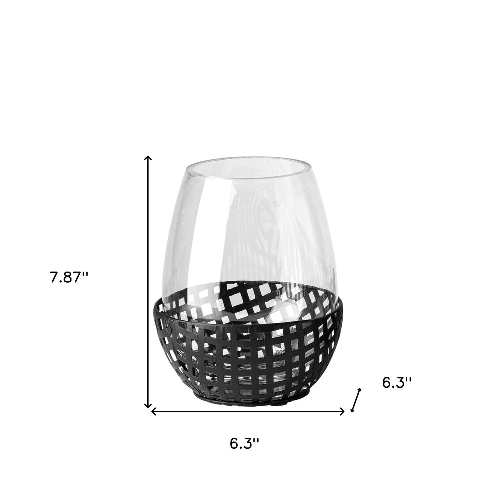 8" Black Woven Metal And Glass Tabletop Hurricane Candle Holder on a white background