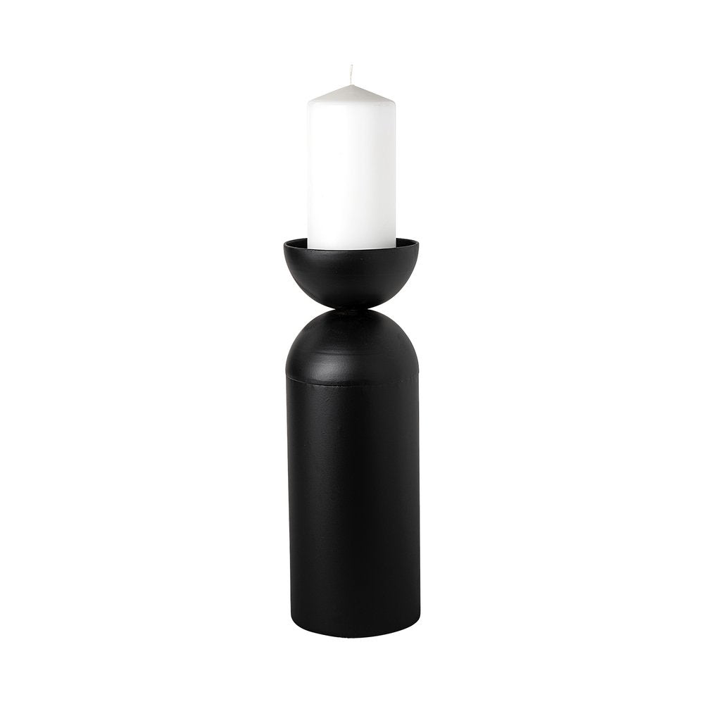 13" Black Metal Tabletop Pillar Candle Holder. Candle holder isolated on a plain white background, finished in black metal.