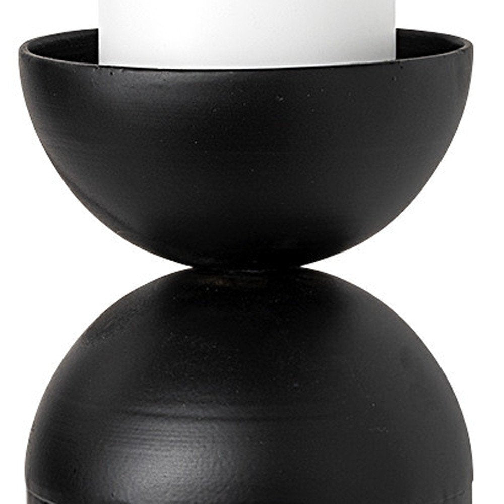 13" Black Metal Tabletop Pillar Candle Holder. Candle holder isolated on a plain white background, in a black metal finish.