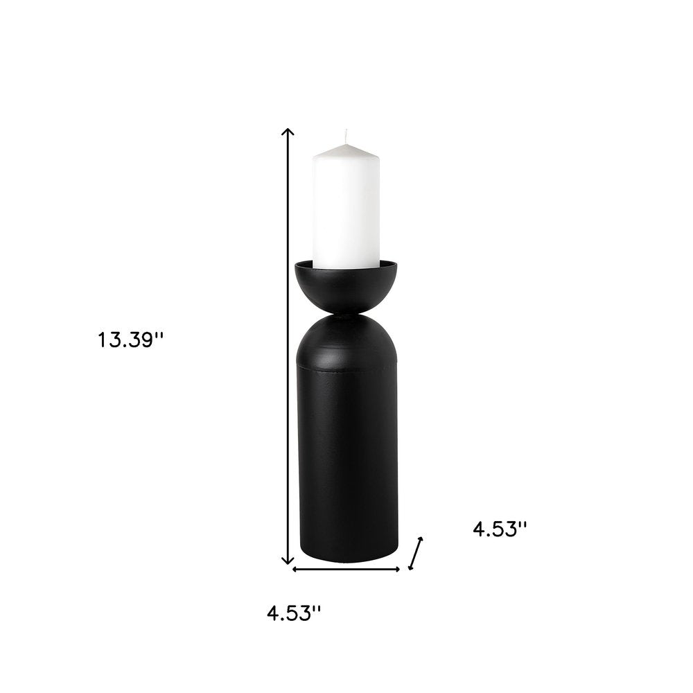 13" Black Metal Tabletop Pillar Candle Holder. Candle holder isolated on a plain white background, finished in black metal.