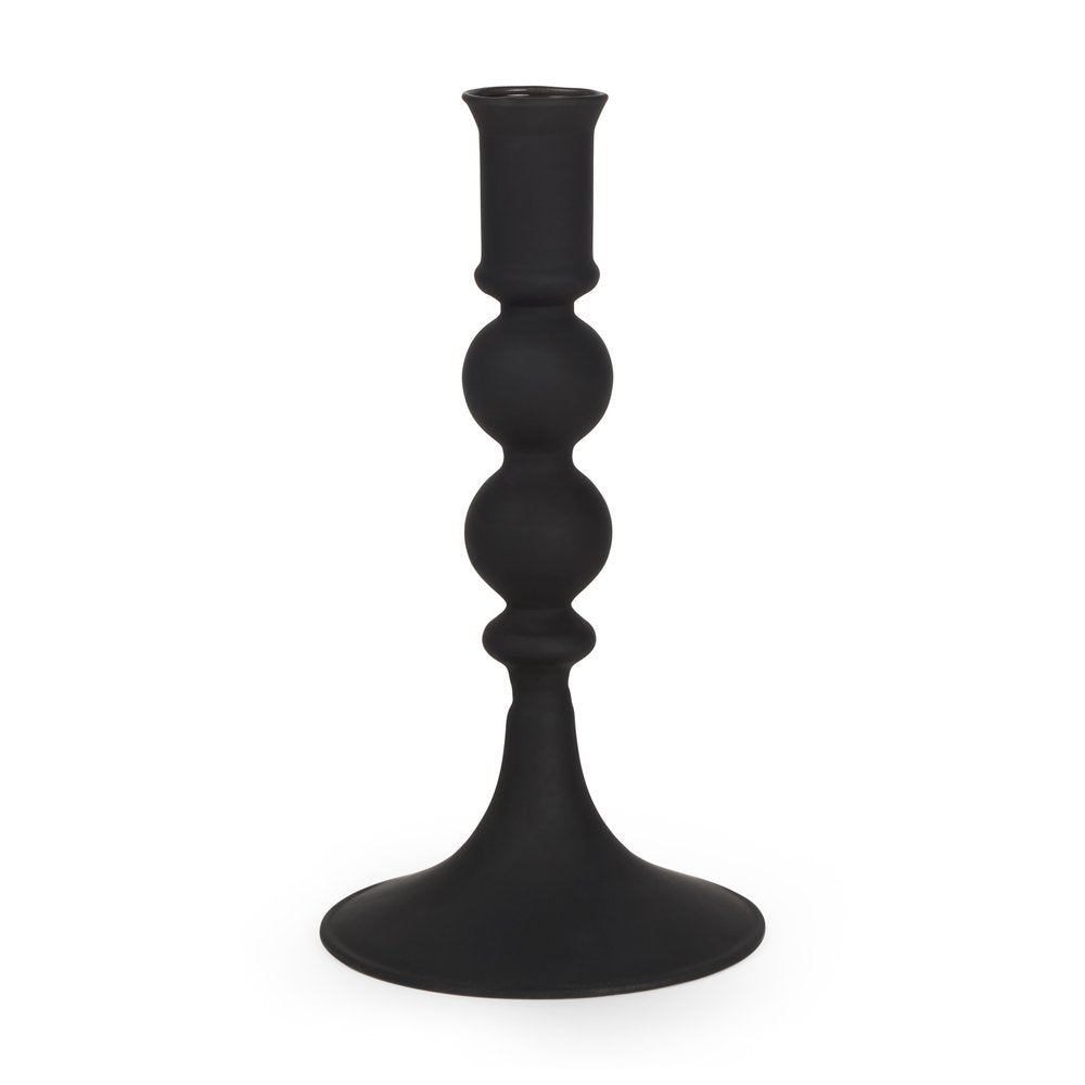 8" Black Glass Tabletop Taper Candlestick on a white background