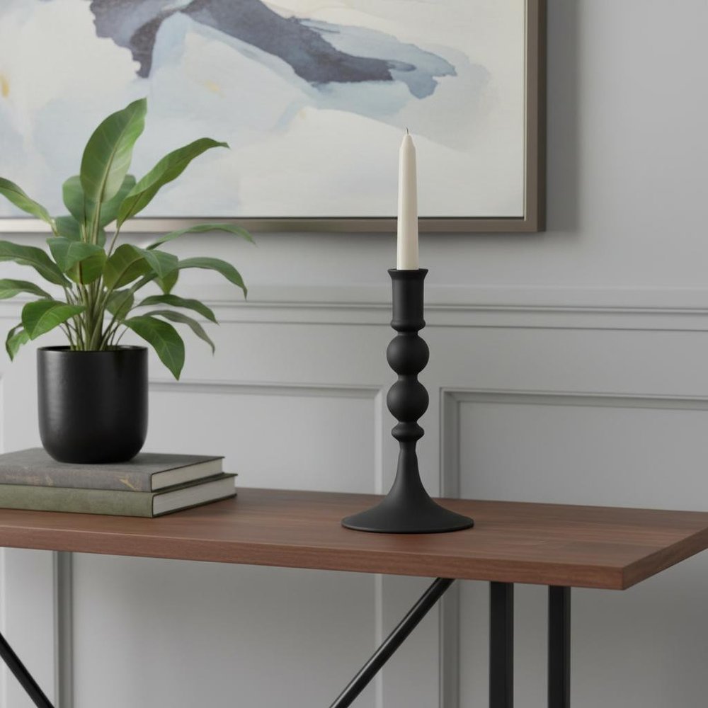 8" Black Glass Tabletop Taper Candlestick in a home interior