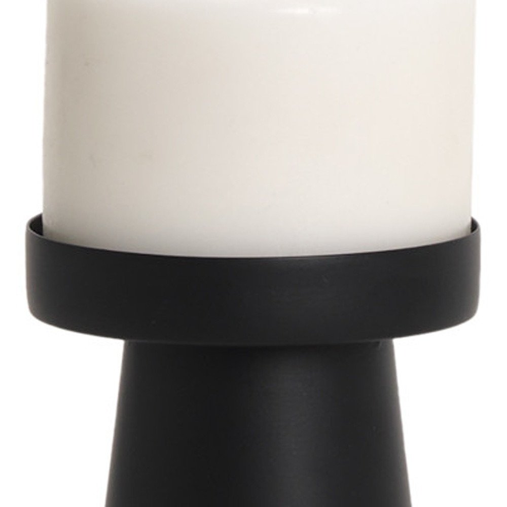 6" Black Metal Tabletop Pillar Candle Holder. Candle holder isolated on a plain white background, finished in black metal.