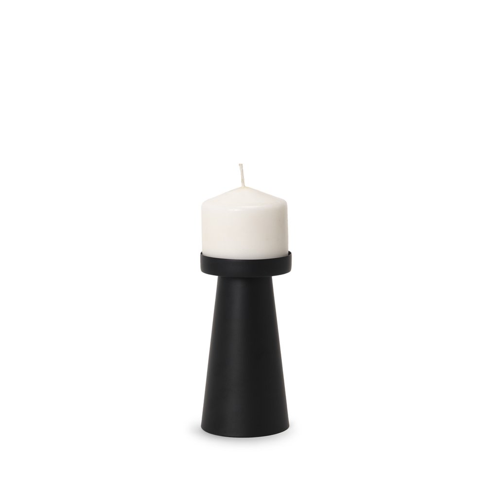 6" Black Metal Tabletop Pillar Candle Holder. Candle holder isolated on a plain white background, in a black metal finish.