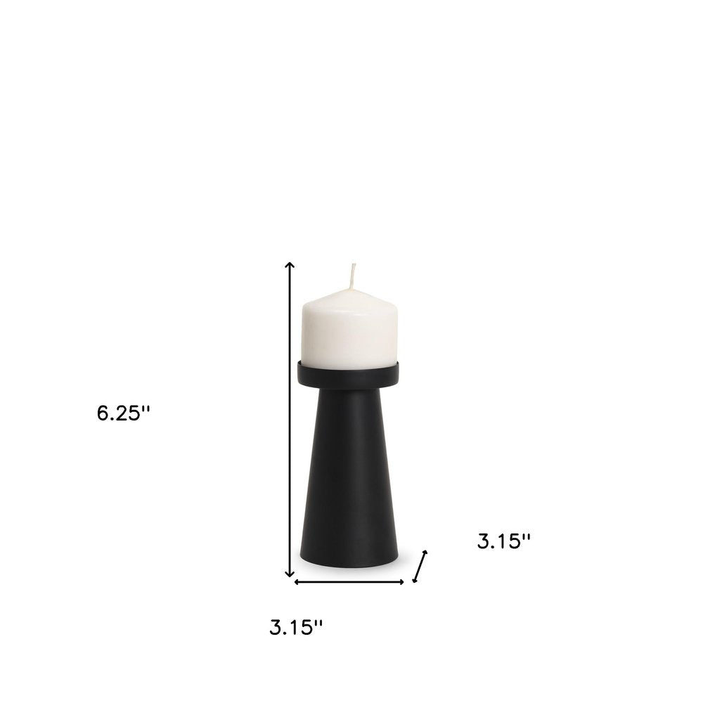 6" Black Metal Tabletop Pillar Candle Holder. Candle holder isolated on a plain white background, finished in black metal.