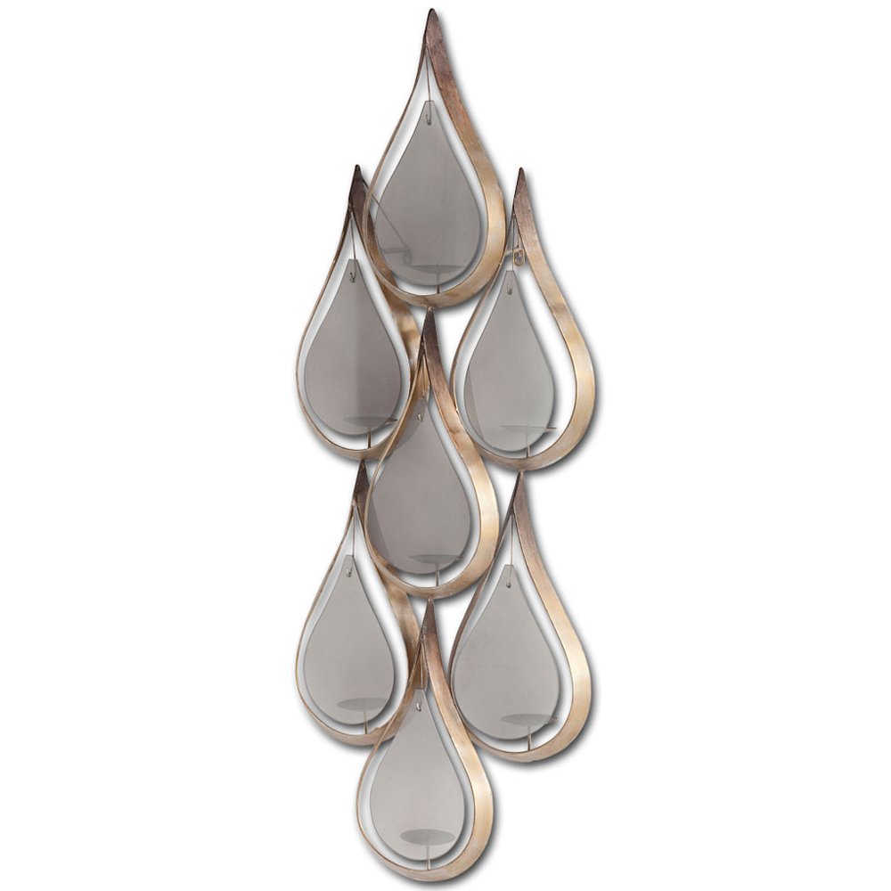 52" Gold And Gray Distressed Geometric Glass And Metal Wall Sconce Candle Holder. Candle holder isolated on a plain white background, showing a gold glass surface.