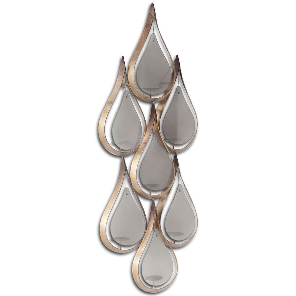 52" Gold And Gray Distressed Geometric Glass And Metal Wall Sconce Candle Holder. Candle holder isolated on a plain white background, finished in gold glass.