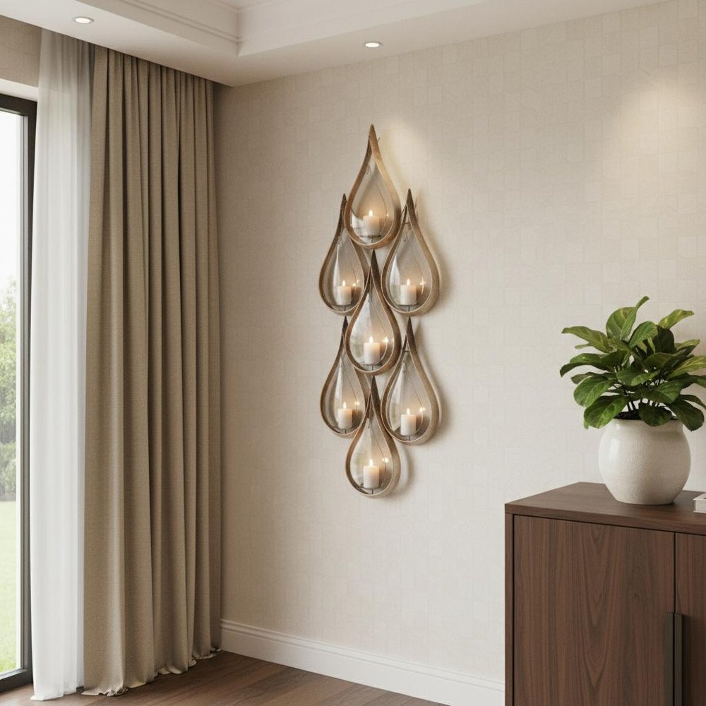 52" Gold And Gray Distressed Geometric Glass And Metal Wall Sconce Candle Holder displayed on a dark wood tabletop in a furnished interior against a tan wall.