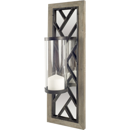 Rectangular wall sconce with distressed wood frame, mirrored backing, and glass cylinder candle holder with white candle.
