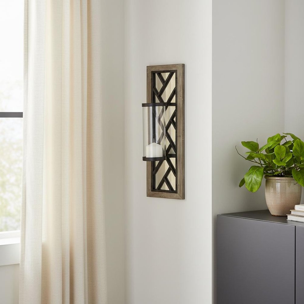 24" Black Distressed Mirrored Metal Glass And Solid Wood Wall Sconce Candle Holder