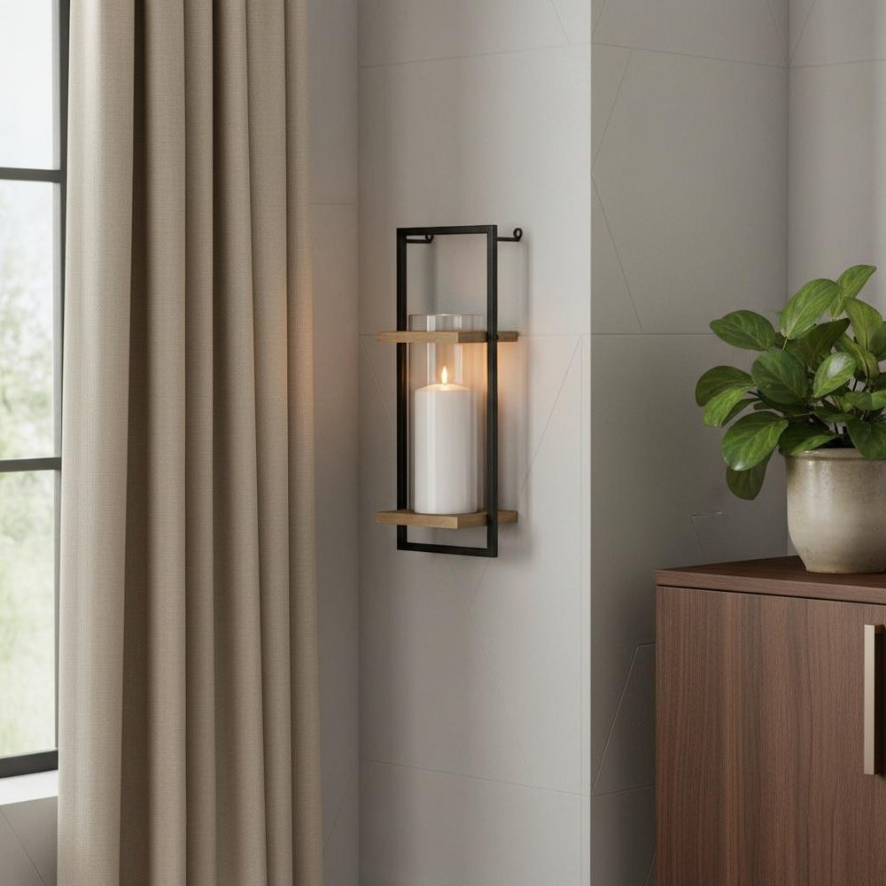 20" Black And Bronze Distressed Geometric Metal And Glass Wall Sconce Candle Holder
