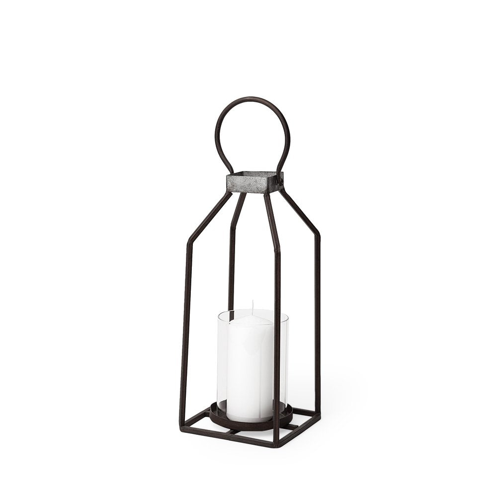16" Black Distressed Geometric Metal And Glass Tabletop Votive Candle Holder. Candle holder isolated on a plain white background, in a black glass finish.