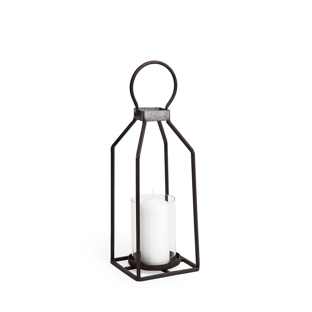 16" Black Distressed Geometric Metal And Glass Tabletop Votive Candle Holder. Candle holder isolated on a plain white background, in a black glass finish.