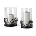 Set of Two Black Botanical Leaf Glass And Metal Tabletop Hurricane Candle Holders on a white background