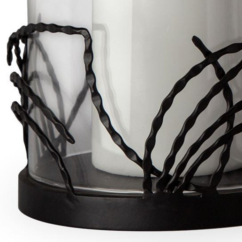 Set of Two Black Botanical Leaf Glass And Metal Tabletop Hurricane Candle Holders close-up detail