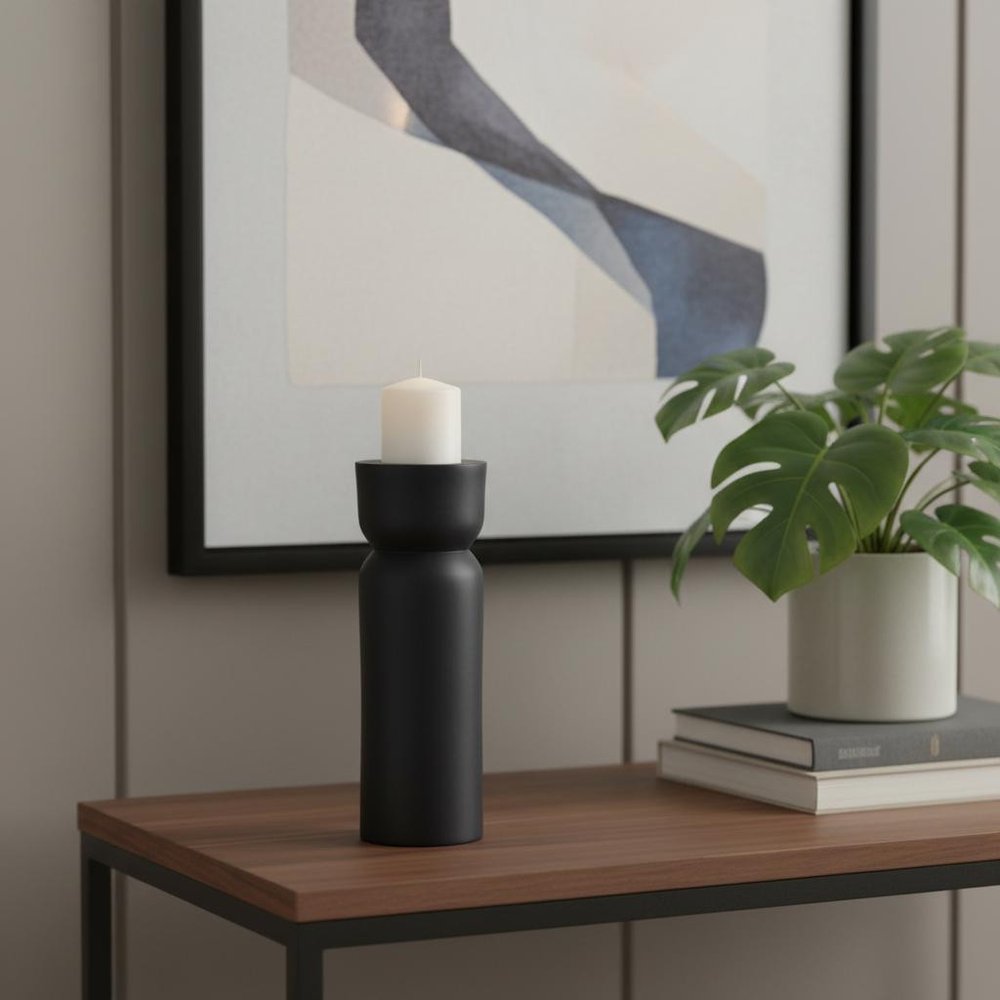 8" Black Metal Tabletop Taper Candle Holder in a home interior