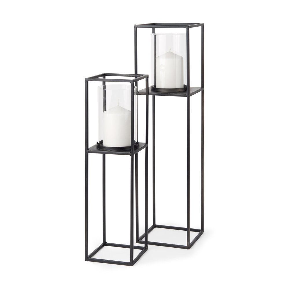Set of Two Black Geometric Metal And Glass Tabletop Hurricane Candle Holders on a white background
