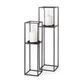 Set of Two Black Geometric Metal And Glass Tabletop Hurricane Candle Holders on a white background