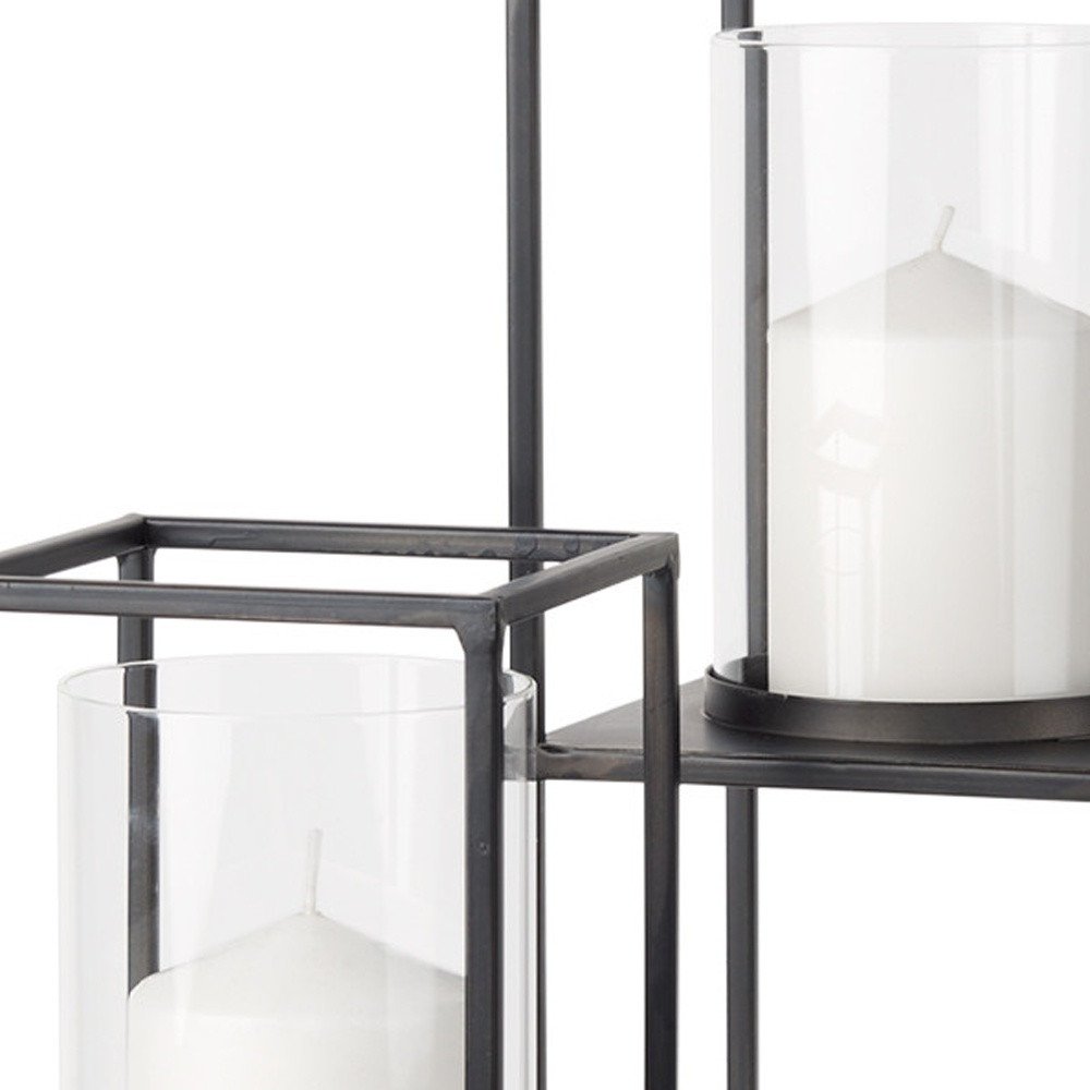 Set of Two Black Geometric Metal And Glass Tabletop Hurricane Candle Holders on a white background