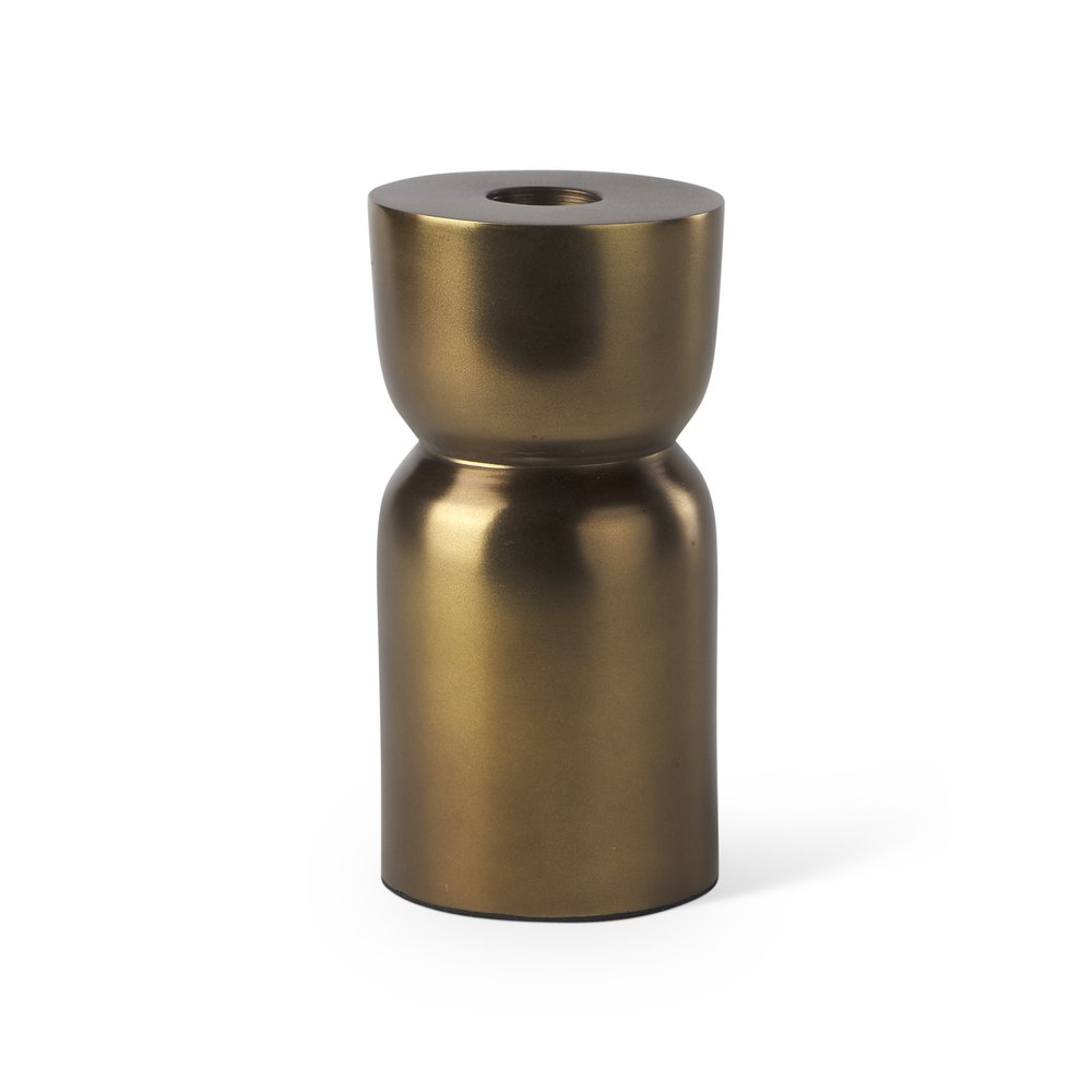 5" Gold Metal Tabletop Taper Candlestick. Candle holder isolated on a plain white background, showing a gold metal surface.