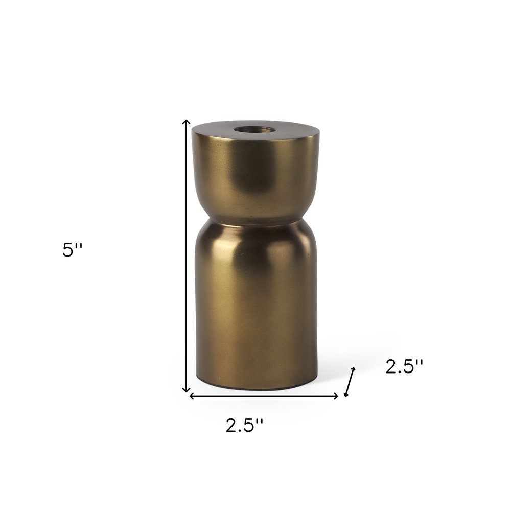 5" Gold Metal Tabletop Taper Candlestick. Candle holder isolated on a plain white background, in a gold metal finish.