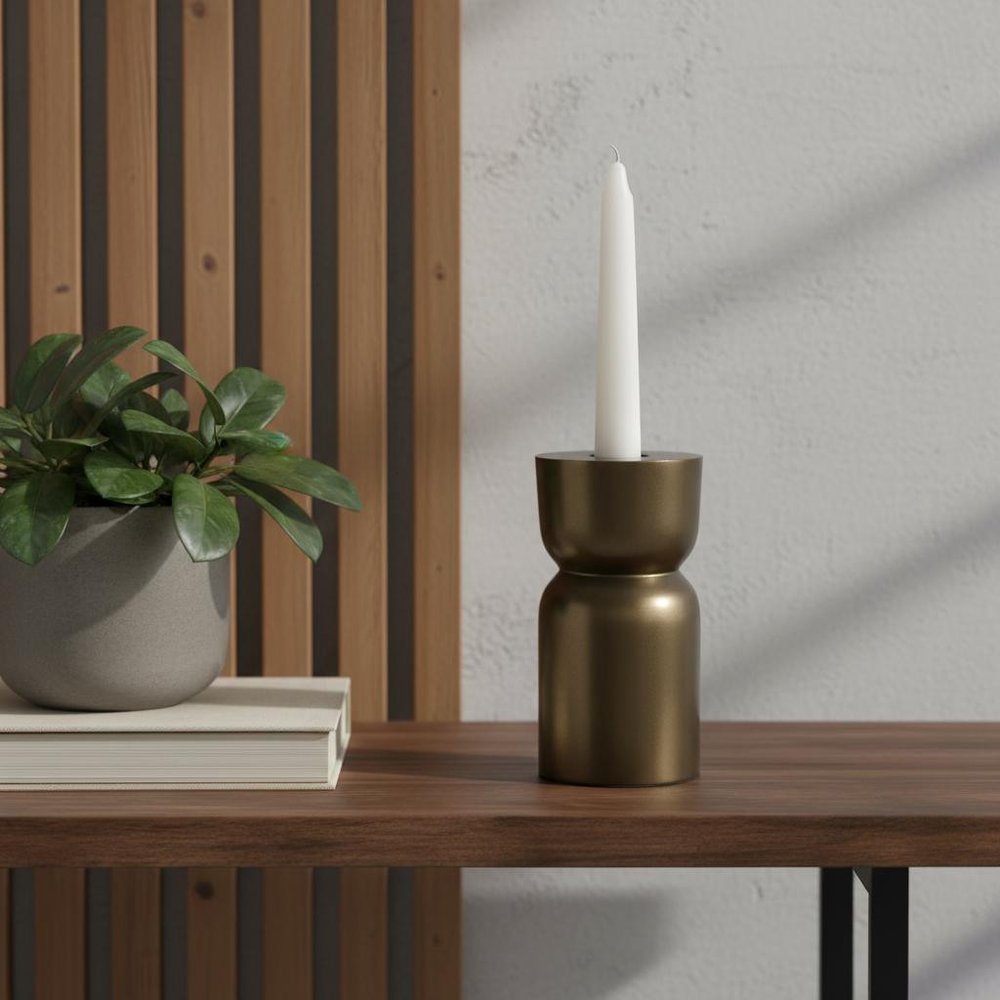 5" Gold Metal Tabletop Taper Candlestick displayed on a dark wood tabletop in a furnished interior against a light gray wall.