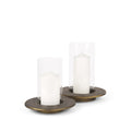 Set of Two Gold Distressed Geometric Metal Tabletop Hurricane Candle Holders on a white background