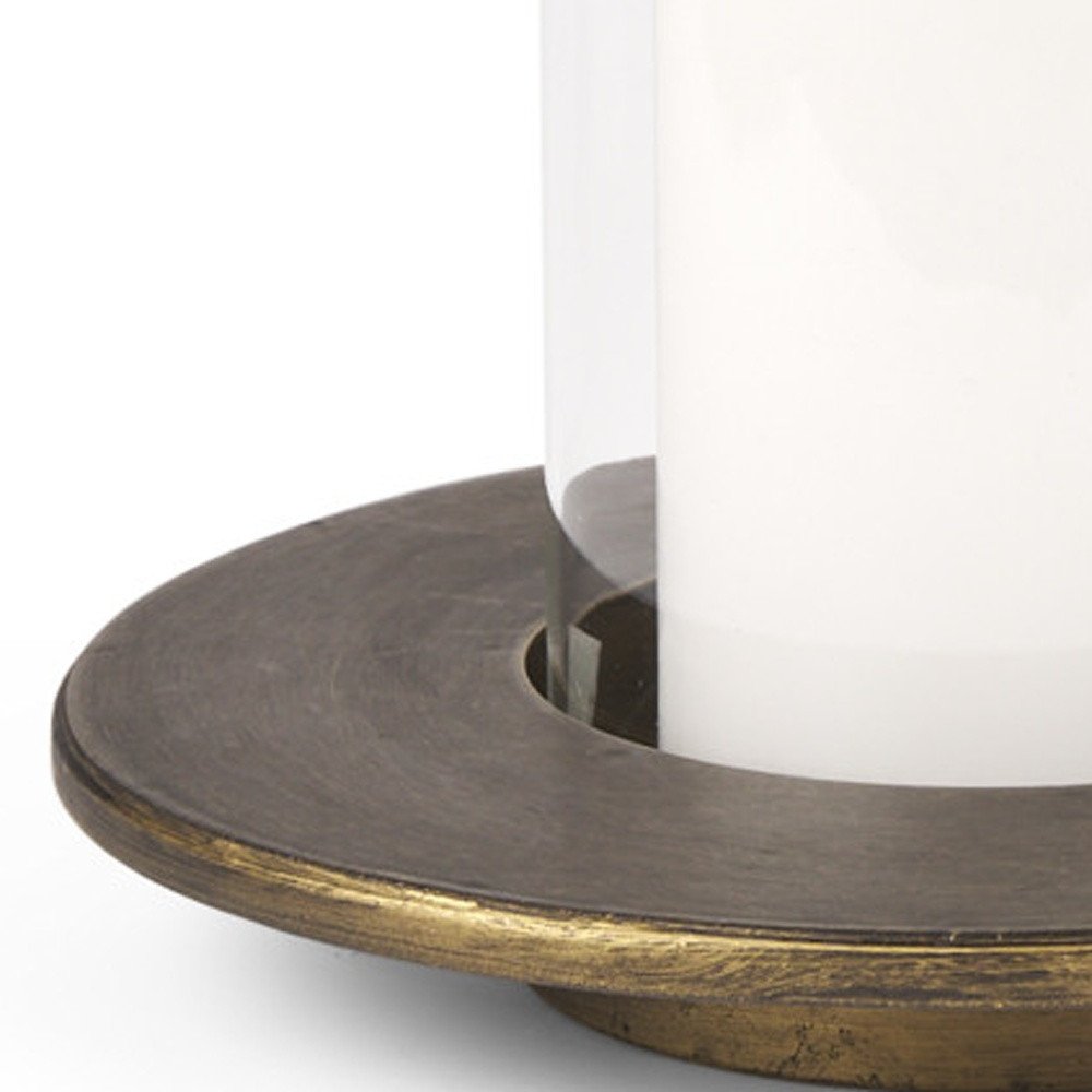 Set of Two Gold Distressed Geometric Metal Tabletop Hurricane Candle Holders on a white background