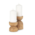 Set of Two Brown Distressed Geometric Solid Wood Tabletop Pillar Candle Holders on a white background