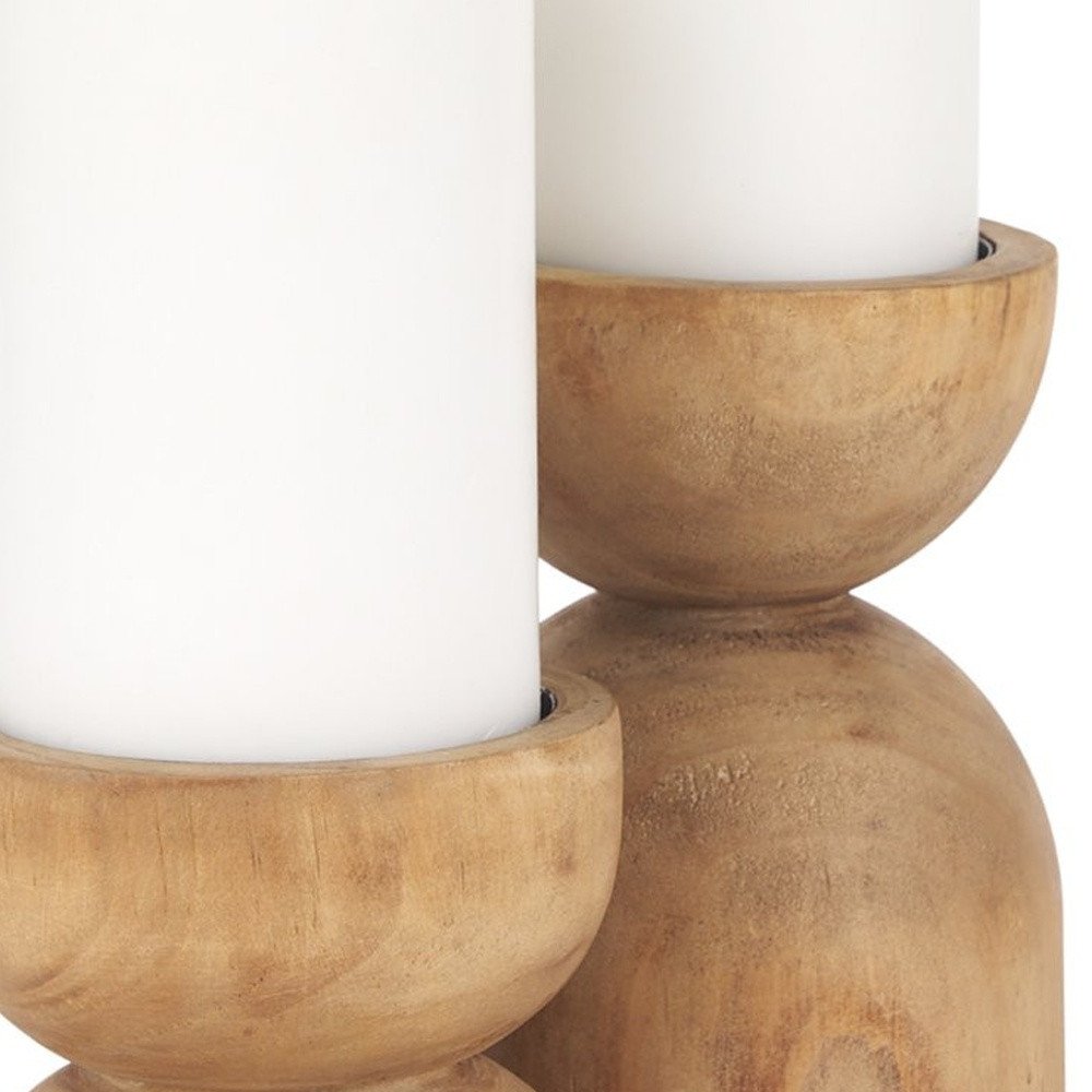 Set of Two Brown Distressed Geometric Solid Wood Tabletop Pillar Candle Holders on a white background