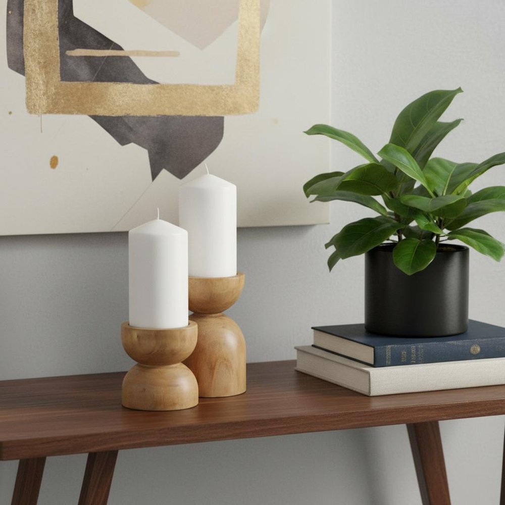 Set of Two Brown Distressed Geometric Solid Wood Tabletop Pillar Candle Holders in a home interior