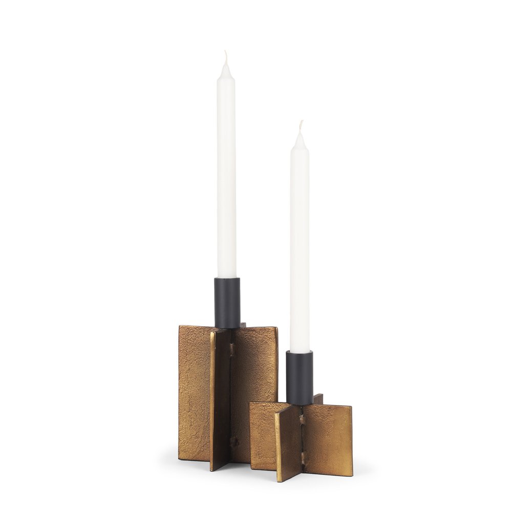 Set of Two Black And Antiqued Gold Distressed Geometric Metal Tabletop Taper Candle Holders on a white background