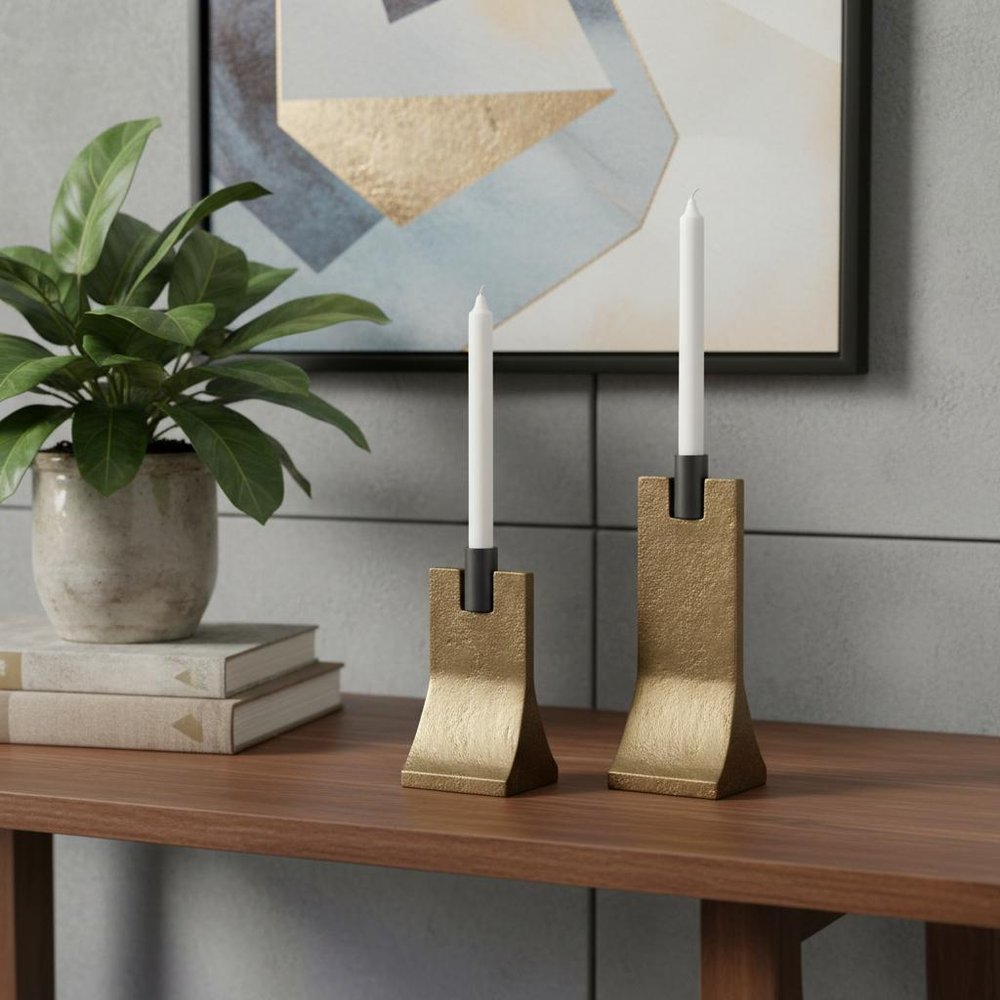 Set of Two Gold And Black Distressed Hammered Metal Tabletop Taper Candle Holders
