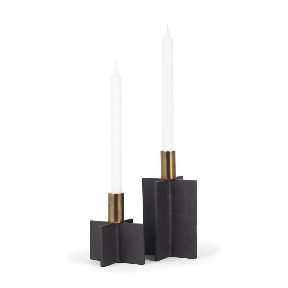 Set of Two Black And Gold Geometric Metal Tabletop Taper Candle Holders on a white background