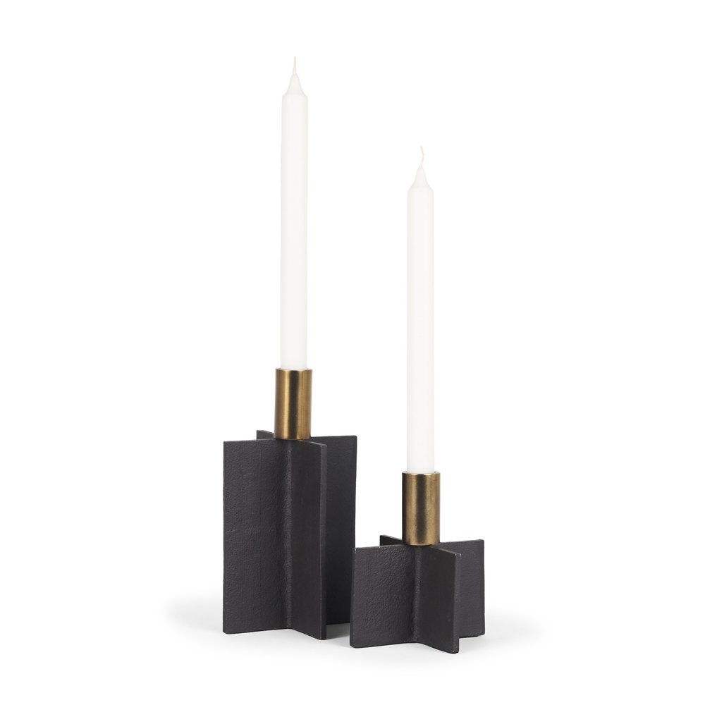 Set of Two Black And Gold Geometric Metal Tabletop Taper Candle Holders on a white background