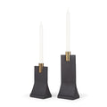 Set of Two Black And Gold Distressed Hammered Metal Tabletop Taper Candle Holders on a white background