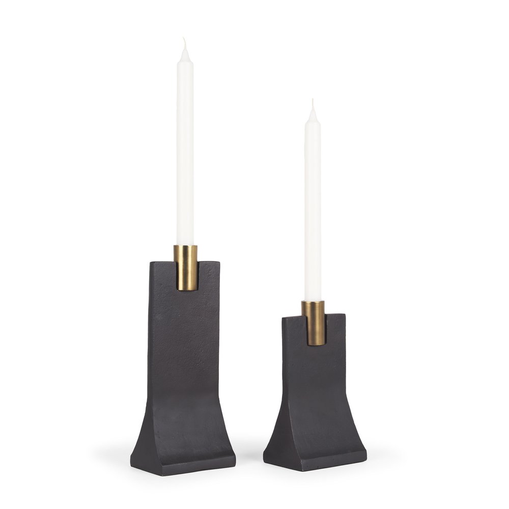 Set of Two Black And Gold Distressed Hammered Metal Tabletop Taper Candle Holders on a white background