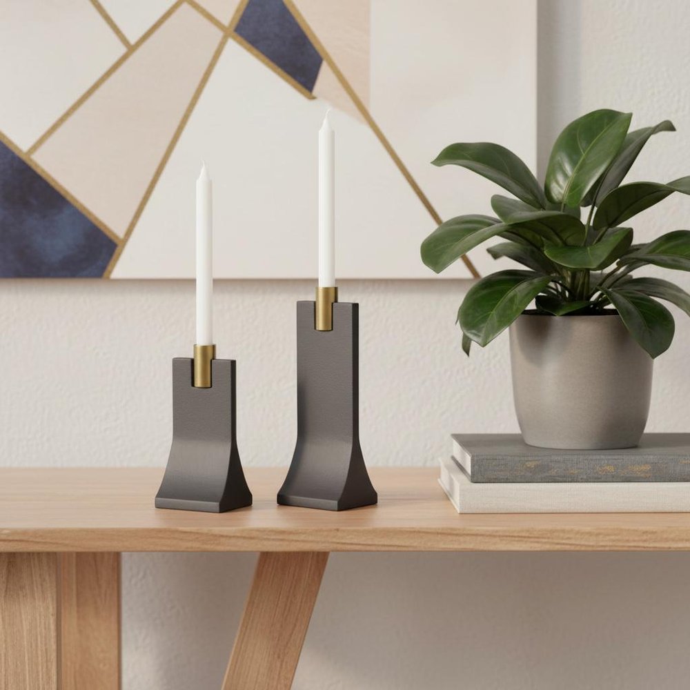 Set of Two Black And Gold Distressed Hammered Metal Tabletop Taper Candle Holders