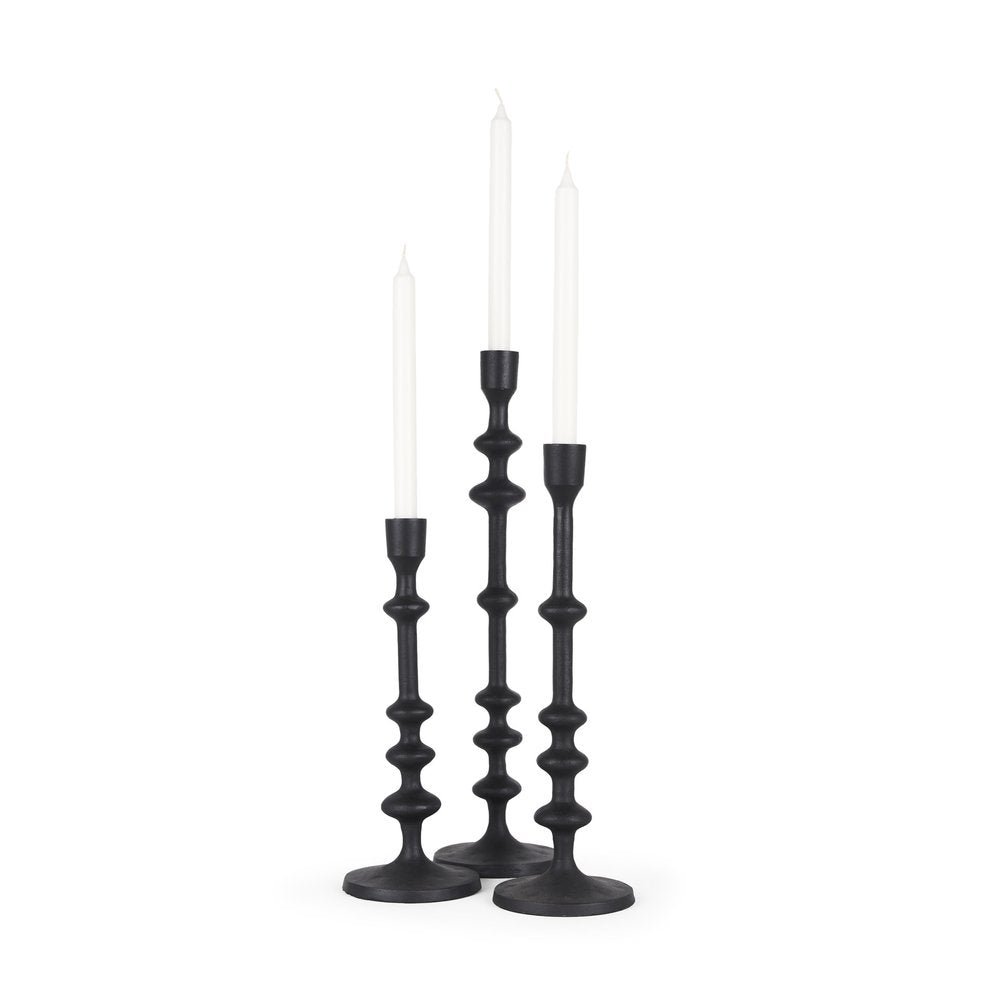 Set of Three Black Geometric Metal Tabletop Taper Candlesticks on a white background
