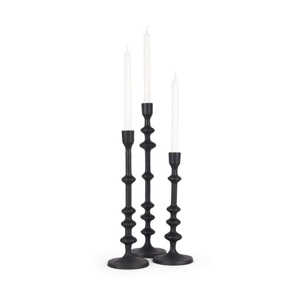 Set of Three Black Geometric Metal Tabletop Taper Candlesticks on a white background