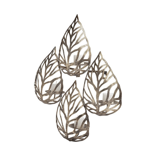 Champagne distressed botanical leaf metal wall sconce candle holder with four leaf shapes on a white background.